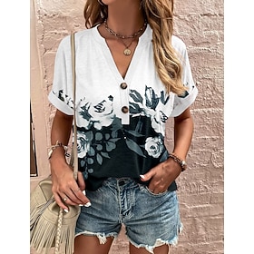 Women's T Shirt Tee Top Buttons Print Graphic Geometric Bohemia Vintage Stylish Short Sleeve V Neck Regular Tops Daily Going out Weekend Blue White Wine Red Na