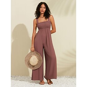 Damesstrandjumpsuit tencel gesmokte mouwloze losse zomerjumpsuit met wijde pijpen