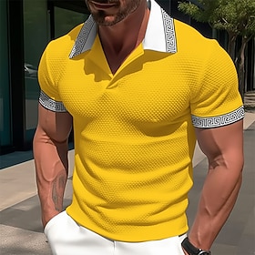 Men's Waffle Polo Shirts Textured Work Casual Lapel Ribbed Polo Collar Short Sleeve Modern Old Money Style Color Block Patchwork Pocket Spring Summer Regular