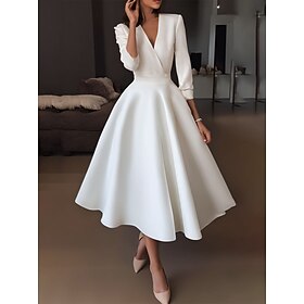 A-Line Tea Length Wedding Dresses Bridal Shower Dresses Bridal Gown Vintage 1940s / 1950s Little White Dresses Half Sleeve V Neck Graduation Birthday Satin wit