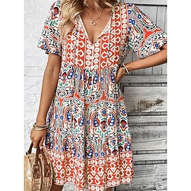 Women's Mini Dress Petite Dress Casual Dress Boho Chic Dresses Summer Dress Boho Dress Casual Boho Vacation Daily Beach Loose Fit Floral Short Sleeve V Neck Re