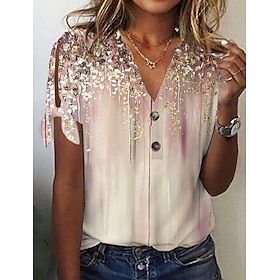 Women's T shirt Tee Graphic Print V Neck Tie Short Sleeve Basic Daily Weekend Button Cut Out Print Summer Spring