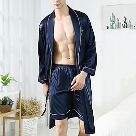 Men's Pajamas Silk Robe Sleepwear Pajama Set 1 set Plain Fashion Stylish Classic Home Daily Bed Polyester Comfort Soft Lapel Long Sleeve Shorts Summer Wine Nav
