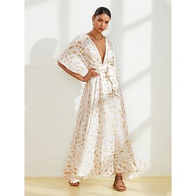 Dames Zoom Maxi Halflange jurk Wit Halve mouw Schakering Afdrukken Stropdas riem Zomer V-hals Jurken Vakantie Strand XS S M