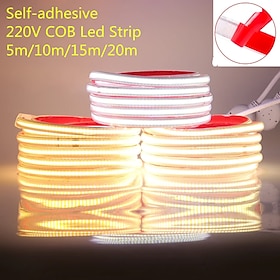 220v cob led stripelys med dimmer/bryter/eu-plugg 288leds/m dimbart lim høylys LED-tape vanntett utelampe 1~5m