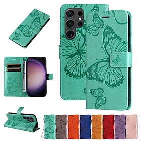 Phone Case For Samsung Galaxy S25 S24 S23 S23 FE S22 S21 Ultra Plus A55 5G A35 5G A25 A15 Wallet Case Magnetic Full Body Protective with Wrist Strap Butterfly