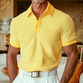 Men's Waffle Polo Shirts Textured Casual Holiday Lapel Ribbed Polo Collar Short Sleeve Fashion Basic Plain Buttons Soft Summer Spring Regular White Yellow Burg