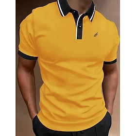 Men's Polo Shirts Button Up Polos Casual Sports Lapel Short Sleeve Fashion Basic Color Block Patchwork Embroidered Summer Regular Fit White Yellow Wine Polo Sh
