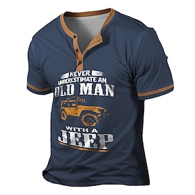Men's Graphic Henley T-Shirt 'Never Underestimate An Old Man With A Jeep' Short Sleeve Lifestyle Tee