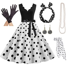 1950er Retro Vintage Rockabilly Swing-Kleid Ausgestelltes Kleid Tupfen Kostüm Damen Party / Abend Junggesellinnenabschiedsparty Erwachsene Kleid Handschuhe Ohr
