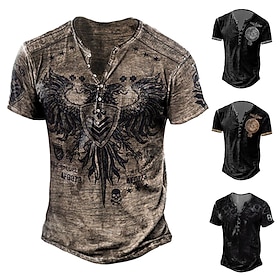 Halloween Heren T shirt Tee Henley Shirt Grafische Skull Arend Henley Zwart-Wit Zwart  Grijs Zwart Blauw Bruin Straat Casual Korte Mouwen Knop-Down Print Stijl
