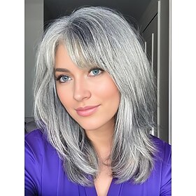 Silver Ash Brown Grey Wigs for White Women Medium Length Layered Silver Gray Wavy Wig with Bangs Natural Looking Heat Synthetic Side Part Gray Wigs for Daily P