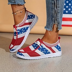 Dame Treningssko Flate sko Slip-Ons Store størrelser Flyknit sko Daglig Amerikansk flagg Flat hæl Rund Tå Fritid Preppy Gange Tøy Tøfler Rød
