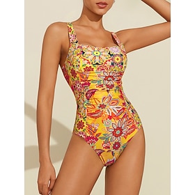 Damen Badeanzug Einteiler Bademode Herausnehmbare Polsterung Gerafft Boho Paisley Damast Gelb Platz Badeanzüge Druck…: retailer-supplied image