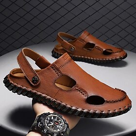 Men's Leather Sandals Flat Sandals Fashion Sandals Handmade Shoes Outdoor Slippers Walking Casual Beach Daily Office  Career Breathable Comfortable Loafer Red