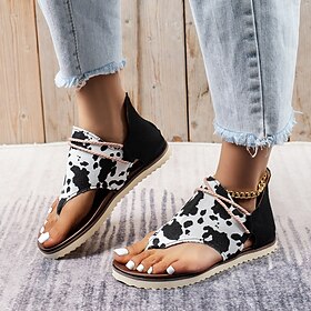 Women's Sandals Flats Lace Up Sandals Strappy Sandals Comfort Shoes Daily Beach Floral Leopard Zipper Lace-up Flat Heel Round Toe Vacation Casual PU Zipper Dar