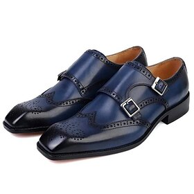 Men's Navy Blue Monk Strap Dress Shoes  Faux Leather with Brogue Detailing, Double Buckle Design, Formal Business and Wedding Footwear