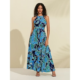 Dames Chiffon jurk Maxi-jurk blauw Paars Mouwloos Bloemig Ruche Opdrukken Lente zomer Ronde Patroon jurk XS S M