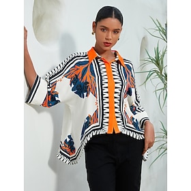 Women's Satin Silk Shirt Black Color Block Printing 3/4-Length Sleeve Shirt Collar Vacation Casual Daily Spring…: retailer-supplied image