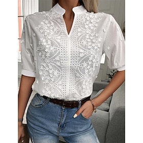 Women's Shirt Lace Shirt Blouse Dressy Tops Eyelet Lace Plain Basic Modern V Neck Daily Street White Summer