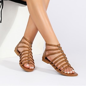Women's Brown Gladiator Sandals  Strappy Flat Summer Shoes with Open-Toe Design for Casual Beach  Vacation Wear