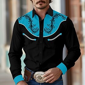 Men's Shirt Western Shirt Cowboy Shirt Long Sleeve Vintage Western Style Outdoor Street Casual Daily Fall Winter Turndown Buttons Print Black
