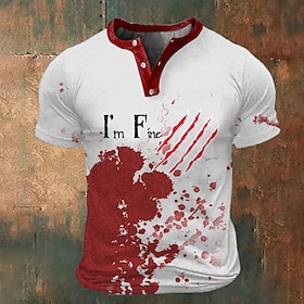 Halloween Men's Graphic Blood stains I'm Fine T Shirt Short Sleeve T shirt 3D Print Henley Shirt Fashion Athleisure Street Sports Outdoor Black / Red Red Summe