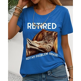Women's 100% Cotton T Shirt Cat Letter Funny Short Sleeve Crew Neck Regular Tops Daily Blue Summer RETIRED