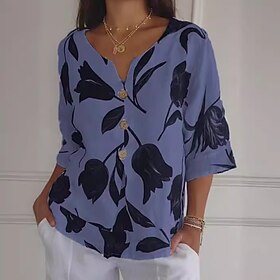 Women's Shirt Cotton Linen Shirts Button Up Blouse Floral Casual 3/4 Length Sleeve V Neck Regular Tops Vacation Daily Buttons Print White Yellow Red Blue Sprin