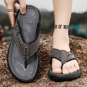 Men's Leather Sandals Summer Sandals Slippers  Flip-Flops Retro Walking Casual Daily Vacation Beach Comfortable Shoes Dark Grey Dark Brown
