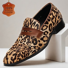 Men's Loafers  Slip-Ons Print Shoes Dress Loafers Leather Italian Full-Grain Cowhide Comfortable Slip Resistant Loafer Yellow-Brown