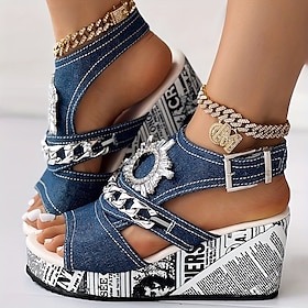Women's Denim Platform Wedge Sandals with Rhinestone Chain Detail and Newspaper Print Sole, Trendy Peep Toe Summer Shoes for Streetwear and Party Outfits