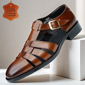 Men's Brown Premium Cowhide Leather Sandals  Open-Toe Gladiator Style with Buckle Closure, Comfortable and Breathable Casual Shoes for Summer