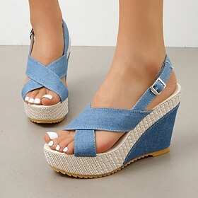 Women's Blue Denim Wedge Sandals  Cross Strap Design with Espadrille Sole, Casual Summer Platform Shoes for Beach and Everyday Wear