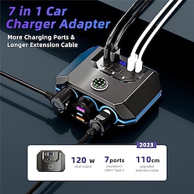 High-Power 120W 7-in-1 Car Charger with 3 Sockets and 4 USB Ports - Individual Switches LED Voltage Display for Efficient Multi-Device Charging
