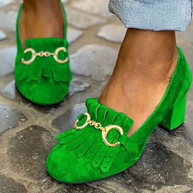 Women's Vintage Green Suede Loafers with Gold Buckle and Fringe Detailing - Block Heel Shoes for Formal and Casual Occasions