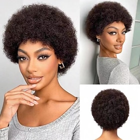 Afro Kinky Curly Bangs Wig For Women Afro Pixie Cut Short Human Hair Wig Soft Curly Afro Wig Natural Looking For Daily Use
