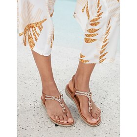 Women's Boho T-Strap Beaded Sandals  Casual Flat Summer Shoes with Elastic Ankle Strap, Perfect for Beach and Everyday Wear