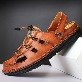Men's Brown Faux Leather Outdoor Fisherman Sandals  Breathable Casual Slip-On Shoes with Adjustable Strap for Summer Hiking and Walking