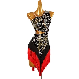 Latin Dance Dress Tassel Splicing Crystals / Rhinestones Women's Performance Training Sleeveless Chinlon Spandex