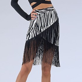 Latin Dance Ballroom Dance Skirts Printing Tassel Pure Color Women's Performance Training High Spandex