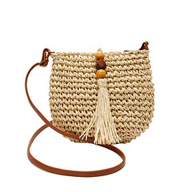 Women's Woven Straw Crossbody Bag  Boho Tassel Handbag with Bead Detail and Leather Strap for Summer Beach Trips and Casual Outings