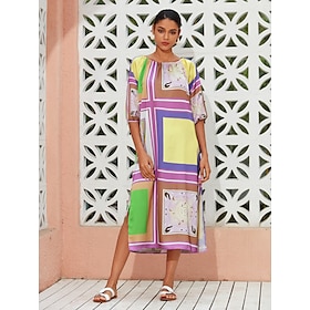 Dames Jurk met print Midi-jurk Halflange jurk Regenboog Halve Mouw Plaid / Gestreept / Chevron Opdrukken meetkundig Kroonluchters Lente zomer Boothals Strandst