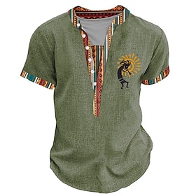 Kokopelli Spiral Design Tribal Bandana Print Designer Ethnic Men's 3D Print Tee Henley Shirt Casual Daily Holiday T shirt Green Khaki Short Sleeve Henley Shirt