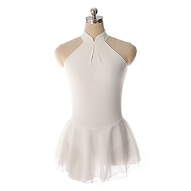 Figure Skating Dress Women's Girls' Ice Skating Dress White Patchwork Thumbhole Mesh Spandex Stretchy Training Practice Professional Skating Wear Thermal Warm
