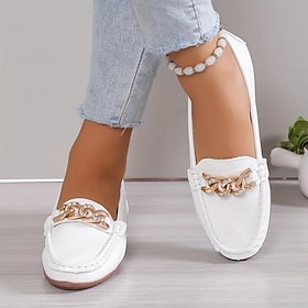 Women's Metallic Chain Decor Loafers Casual Round Toe Low Top Slip On Shoes Comfy  Versatile Flats
