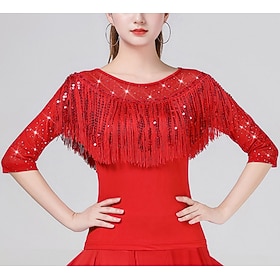 Latin Dance Ballroom Dance Top Tassel Pure Color Splicing Women's Performance Training Half Sleeve High Polyester