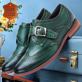 Women's  Green Leather Monk Strap Shoes Classic Brogue Elegant Vintage
