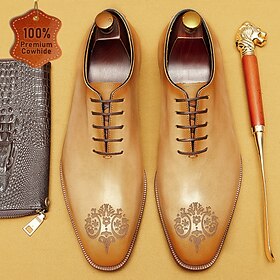 Men's Premium Cowhide Oxford Shoes - Vintage Brogue Lace-Up Dress Shoes with Intricate Engraved Detailing for Formal Occasions