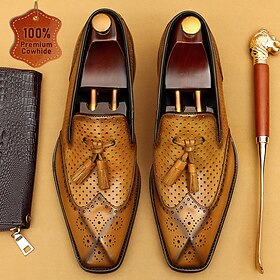 Men's Premium Cowhide Leather Tassel Loafers  Perforated Vintage Dress Shoes for Formal Occasions